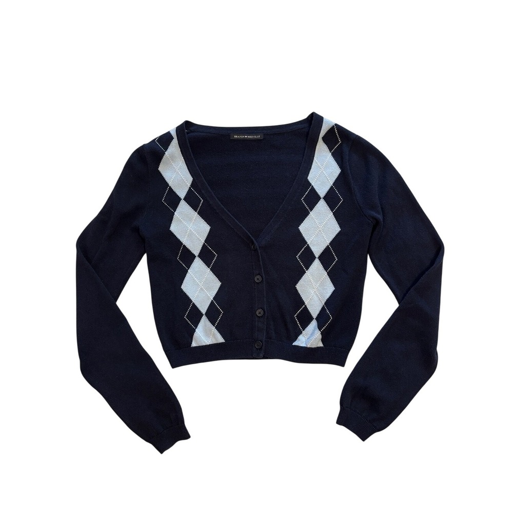 Brandy Melville Cropped Navy Blue Argyle Elizabeth Cardigan Sweater Clueless 90s